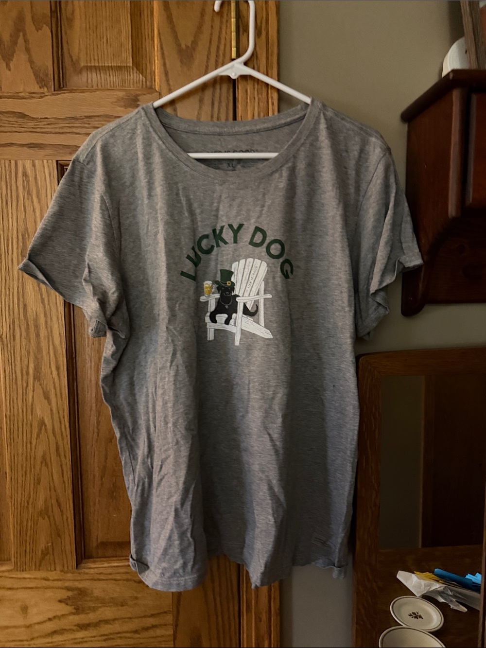 Life Is Good Gray "Lucky Dog" Short Sleeve Tee with Green Accents
